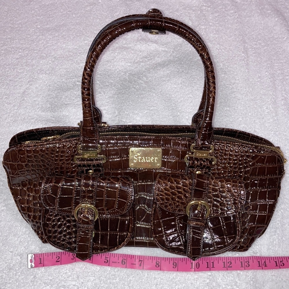 Stauer crocodile embossed brown handbag